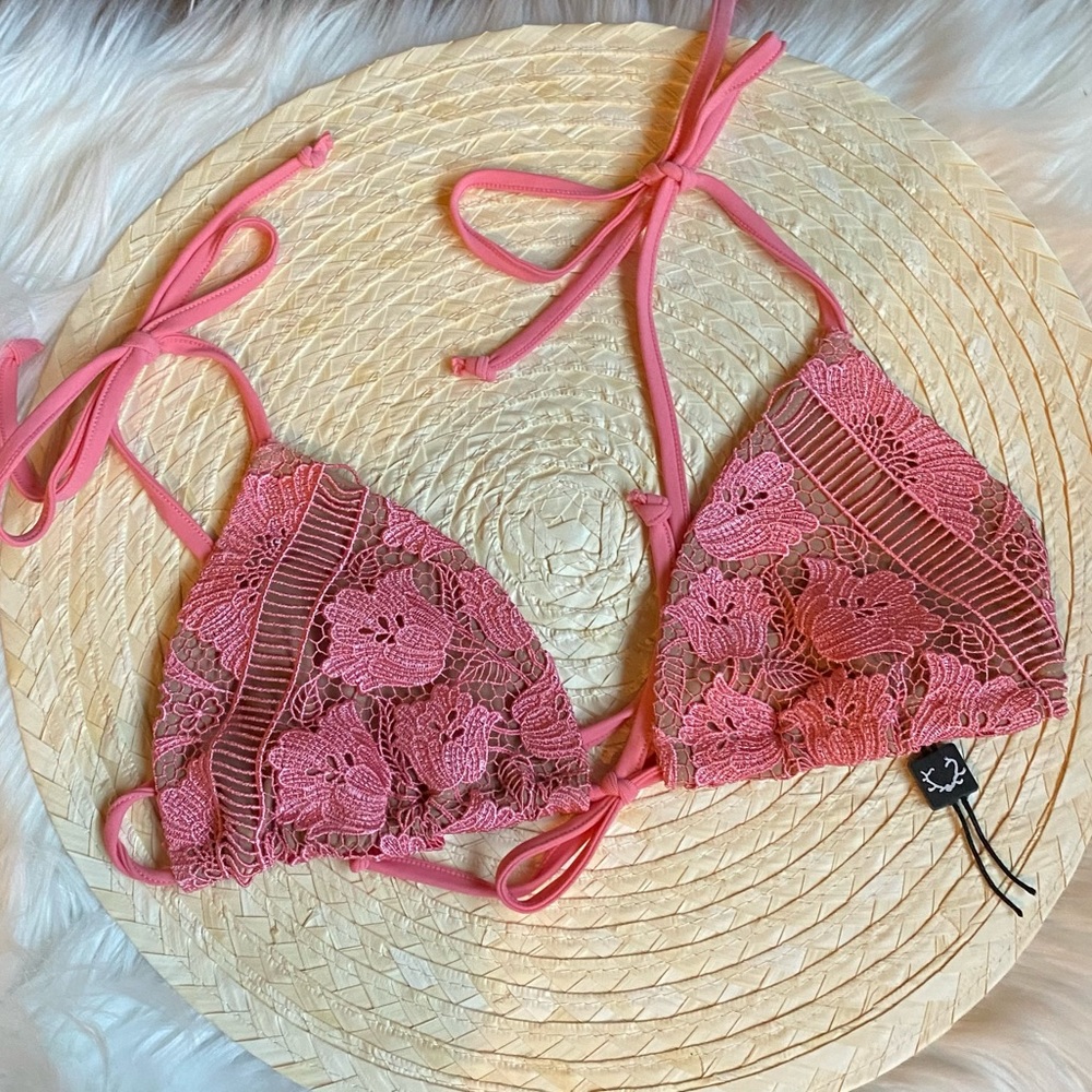 For Love and Lemons Pink Ruffle Lace Bikini Top S